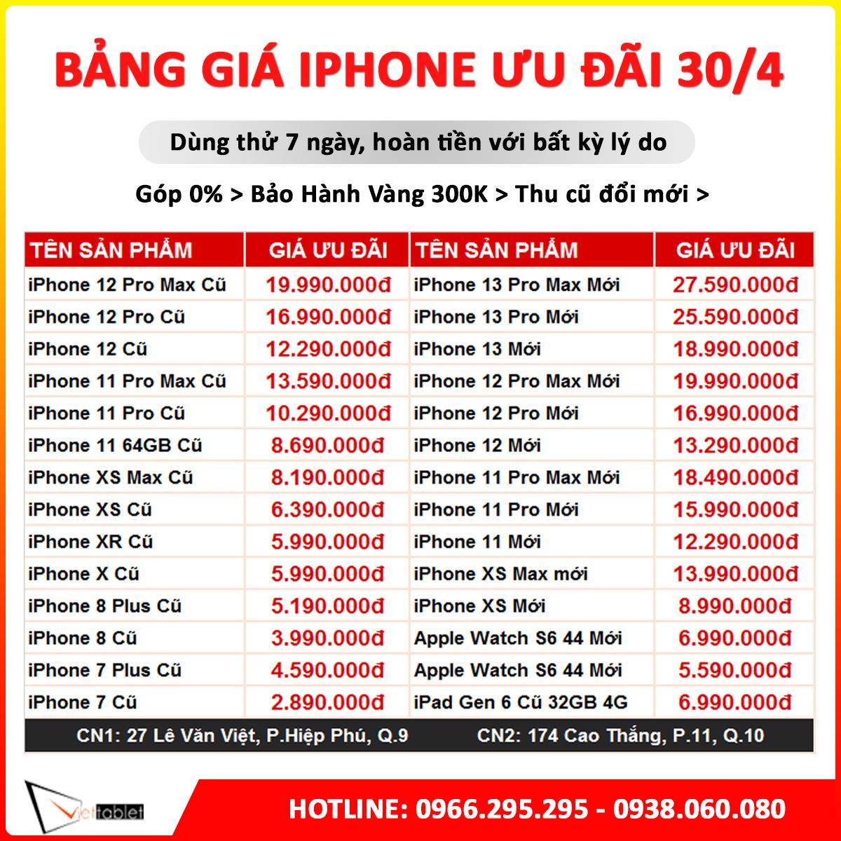 Bảng giá iPhone Sale lễ 30/4 tại Viettablet - iPhone 12 mới còn 13.2 triệu, 11 Pro Max cũ 13.5 triệu, Xs Max giảm sốc còn 8 triệu. - Ảnh 1.