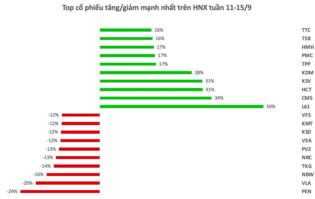 Top 10 cổ phiếu tăng/giảm mạnh nhất tuần: Nhiều mã giảm sâu, một cổ phiếu xây dựng vẫn ngược dòng tăng 80% sau một tuần - Ảnh 2.