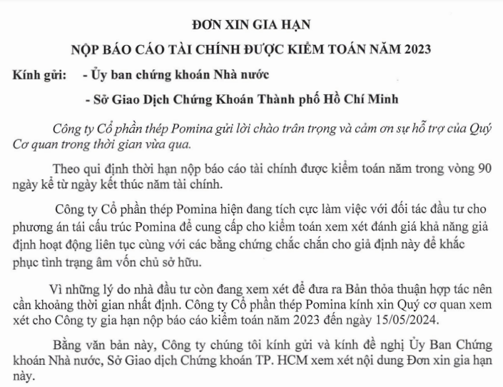 Thép Pomina xin lùi thời hạn nộp BCTC kiểm toán 2023, đối mặt với nguy cơ bị hủy niêm yết- Ảnh 1.