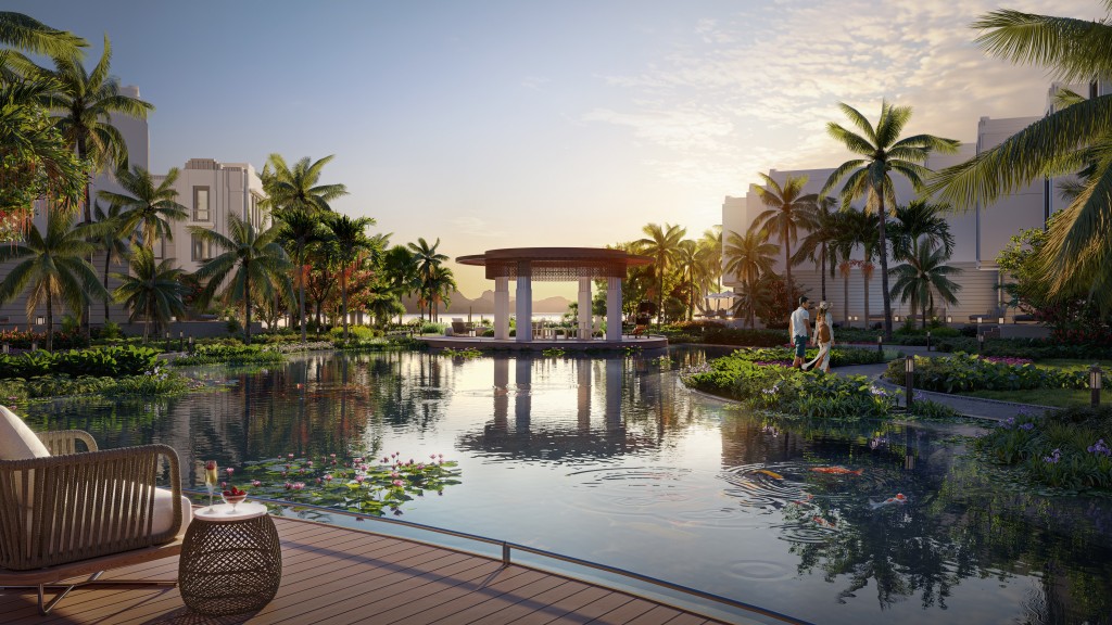 Lagoon Residences sở hữu hồ cá koi và hồ bơi lớn tựa như hai viên ngọc quý bên vịnh biển bao la