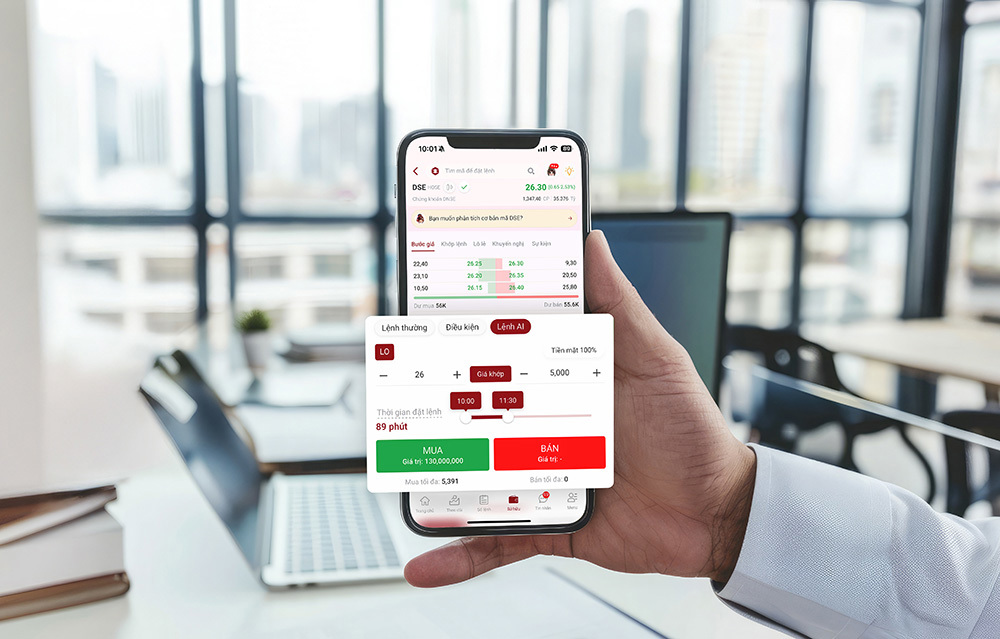 Lệnh AI của DNSE hỗ trợ ph&acirc;n bổ lệnh khối lượng lớn, tối ưu gi&aacute; v&agrave; hiệu quả giao dịch.&nbsp;