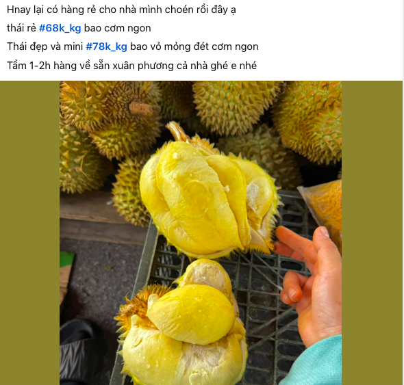 Sầu riêng được bán với giá rẻ chưa từng có trên chợ mạng. Ảnh chụp màn hình.