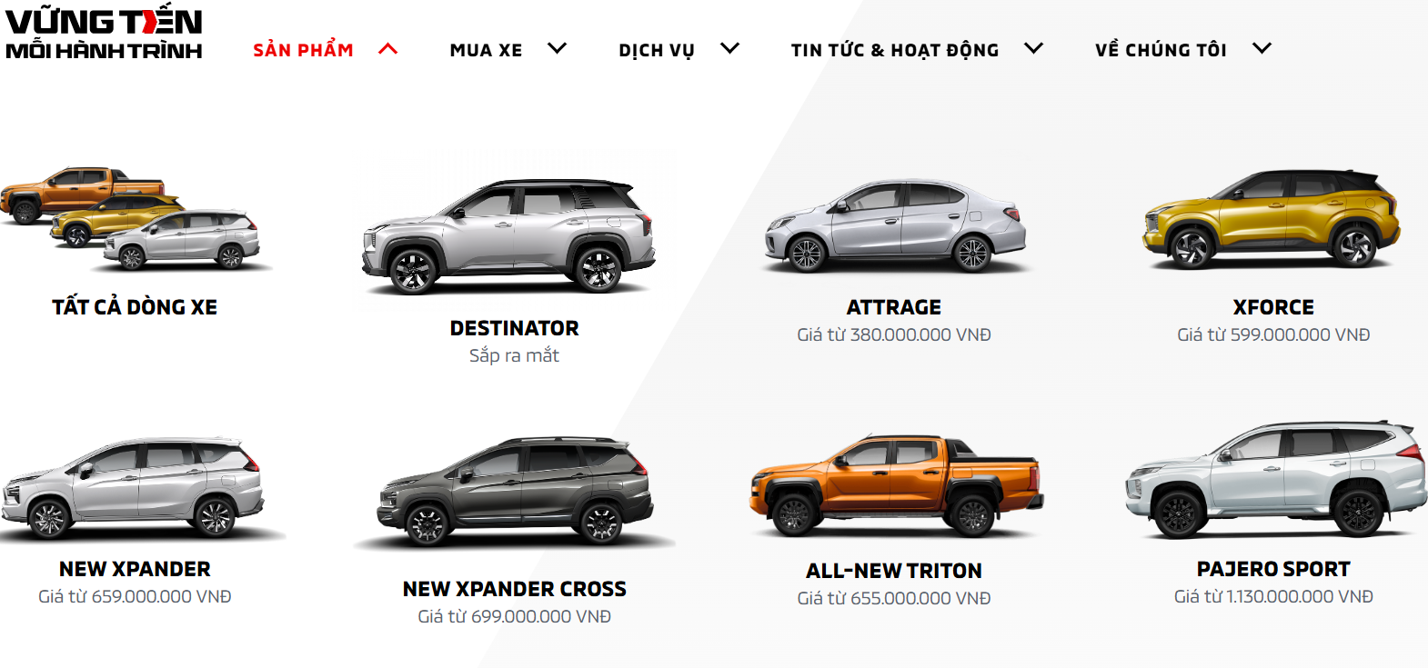 Danh mục sản phẩm trên trang chủ của Mitsubishi không còn mẫu xe Outlander - Ảnh chụp màn hình