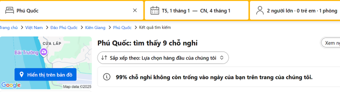 Kết quả tìm kiếm phòng tại Phú Quốc trên ứng dụng trực tuyến trưa 29/12
