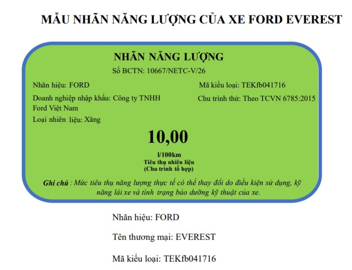 Nhãn năng lượng của mẫu xe Ford Everest 2026 được công bố bởi Cục Đăng kiểm Việt Nam - Ảnh chụp màn hình