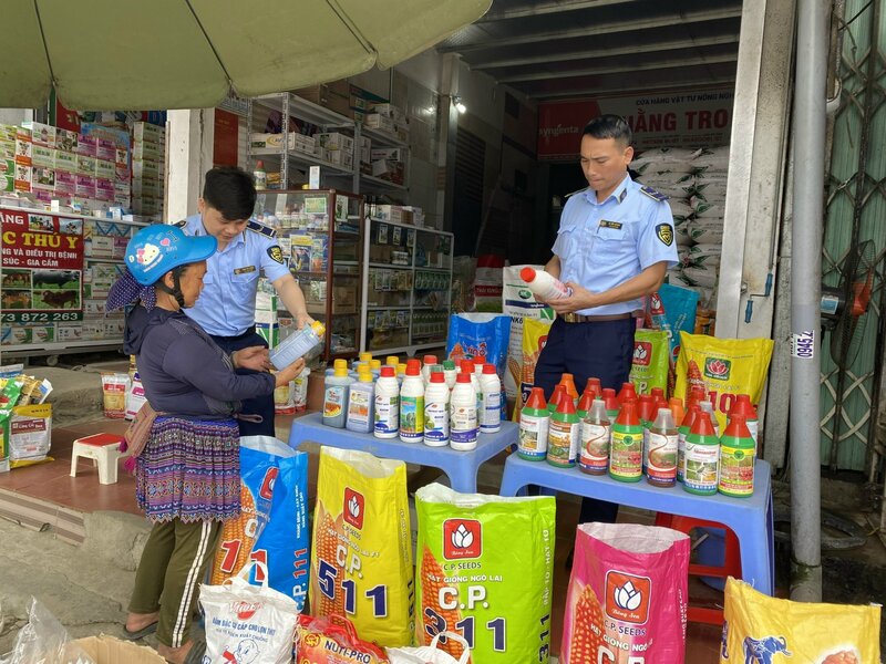 Lực lượng Quản lý thị trường tỉnh Lào Cai kiểm tra một cơ sở kinh doanh vật tư nông nghiệp. Ảnh: Chi cục Quản lý thị trường tỉnh Lào Cai