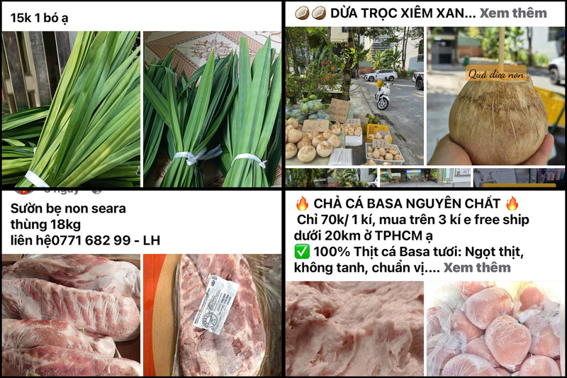 Đa dạng mặt hàng thực phẩm được tiểu thương đăng bán trên mạng xã hội. Ảnh chụp màn hình.
