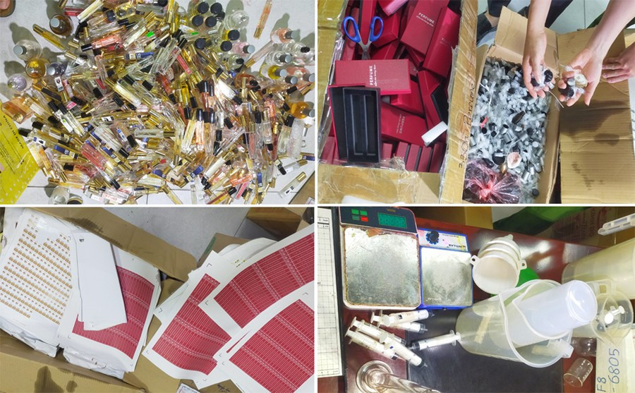 Các loại vật tư, phương tiện các đối tượng sử dụng để sản xuất, sang chiết nước hoa giả. Ảnh CACC 5-dung-cu-sang-chiet1.jpg