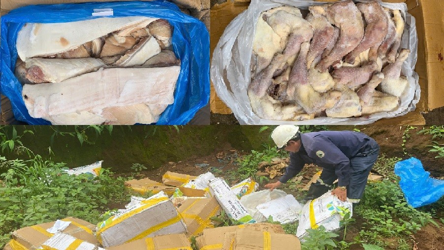 Số thực phẩm chuyển màu, bốc mùi bị tiêu hủy sau khi được lực lượng chức năng phát hiện (ảnh QLTT) tieu-huy-thit-2.jpg